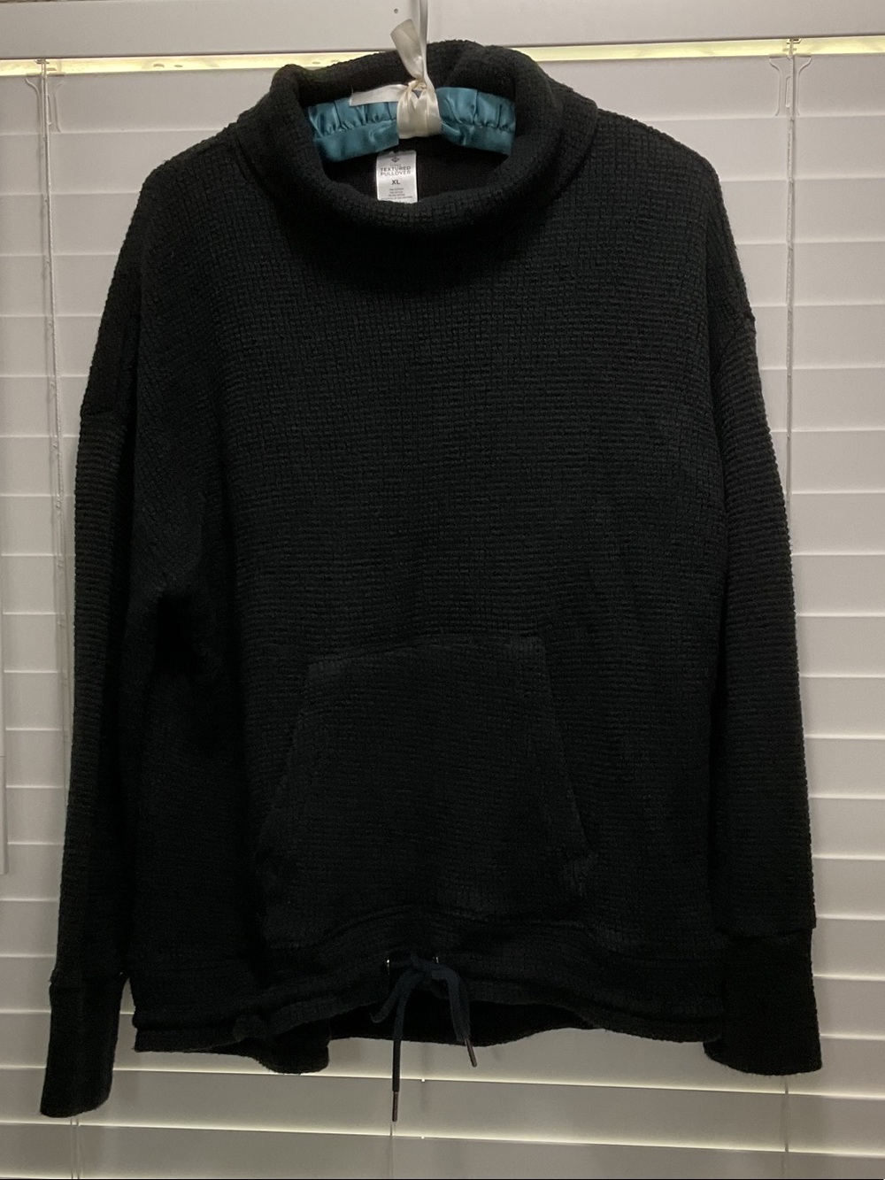 Women's Black Cowl Neck Knit Sweater with Kangaroo Pocket - Picture 1 of 4